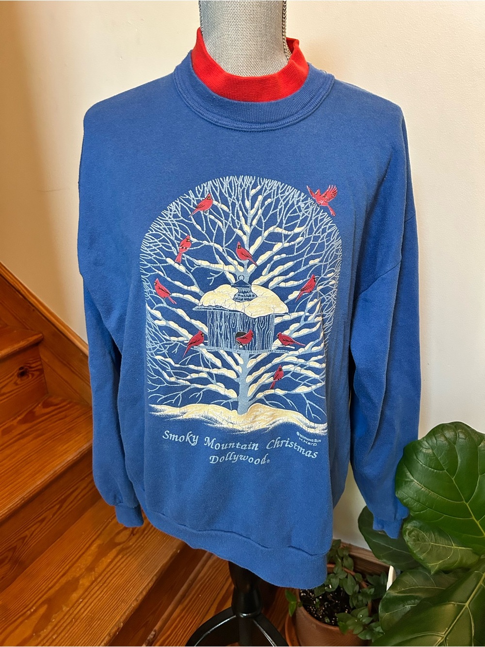 Vintage Blue Crewneck Sweatshirt with Red Accent and Winter Tree Graphic